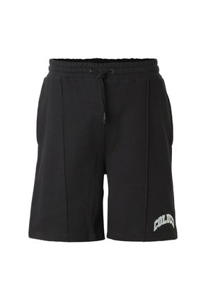 Schwarze Freizeithose mit elastischem Bund, Kordelzug, Seitentaschen und weißem "COLLUCCI" Schriftzug am linken Bein nahe dem Saum.