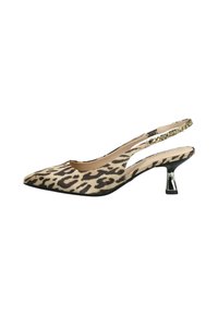 Scarpa slingback con stampa leopardata, punta affusolata, tacco basso, tomaia in tessuto e un accento decorativo a catena lungo la fascia.