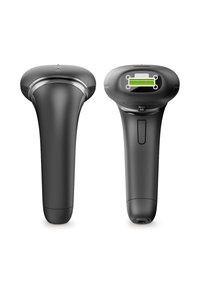 Black handheld device with a smooth finish, ergonomic shape, and indicator screen showing battery level. Features a textured grip.