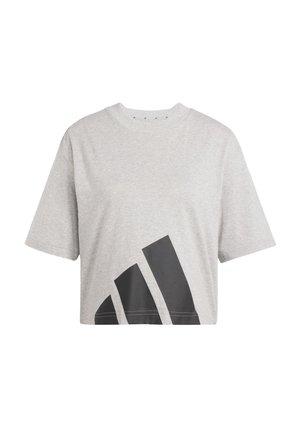Grå cropped t-shirt lavet af bomuld med korte ærmer og rund halsudskæring, med et stort sort grafisk design på forsiden.