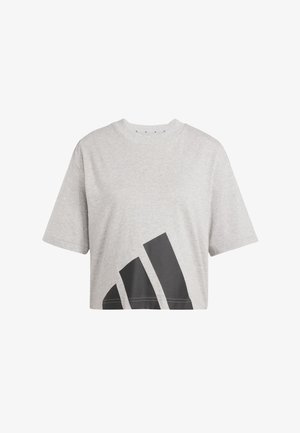 Szara, krótka koszulka wykonana z bawełny, z krótkimi rękawami i okrągłym dekoltem, z dużym czarnym wzorem graficznym z przodu.