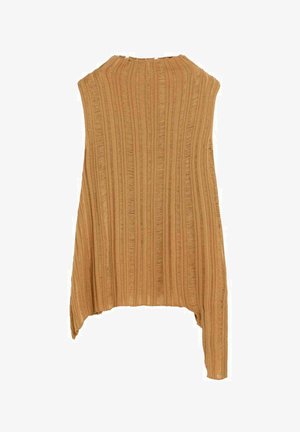 Top marron sans manches en maille côtelée avec un ourlet asymétrique et des rayures verticales à franges.