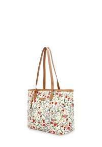 Sac fourre-tout à motif floral en tissu crème, décoré de fleurs rouges et bleues. Poignées et bordures en cuir synthétique marron, de forme rectangulaire et au design spacieux.