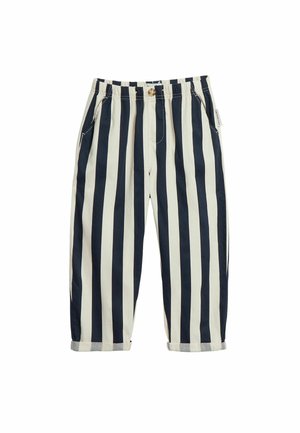 Loszittende broek met verticale zwart-witte strepen, elastische tailleband, zijzakken en knoopsluiting aan de voorkant.