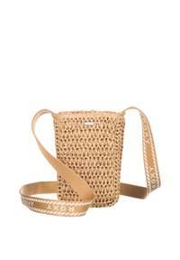 Hellbraune, gewebte Strohtasche in rechteckiger Form, mit einem glatten Tragegurt, der ein weißes und hellbraunes Logo-Muster aufweist.