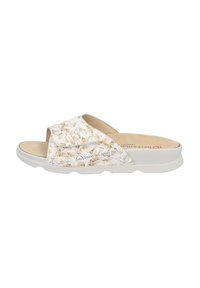 White slide sandals featuring a floral pattern in beige and yellow, soft beige insole, and a cushioned white rubber outsole.