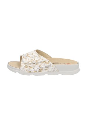 White slide sandals featuring a floral pattern in beige and yellow, soft beige insole, and a cushioned white rubber outsole.