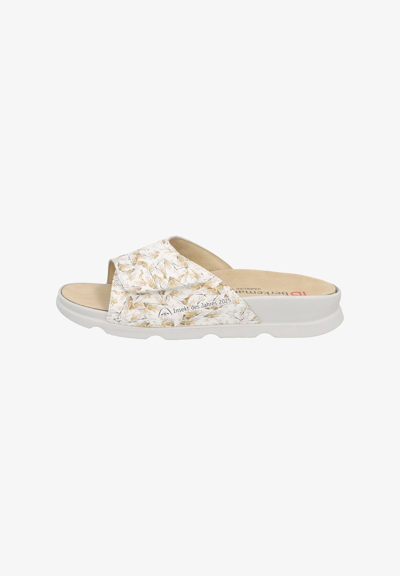 White slide sandals featuring a floral pattern in beige and yellow, soft beige insole, and a cushioned white rubber outsole.