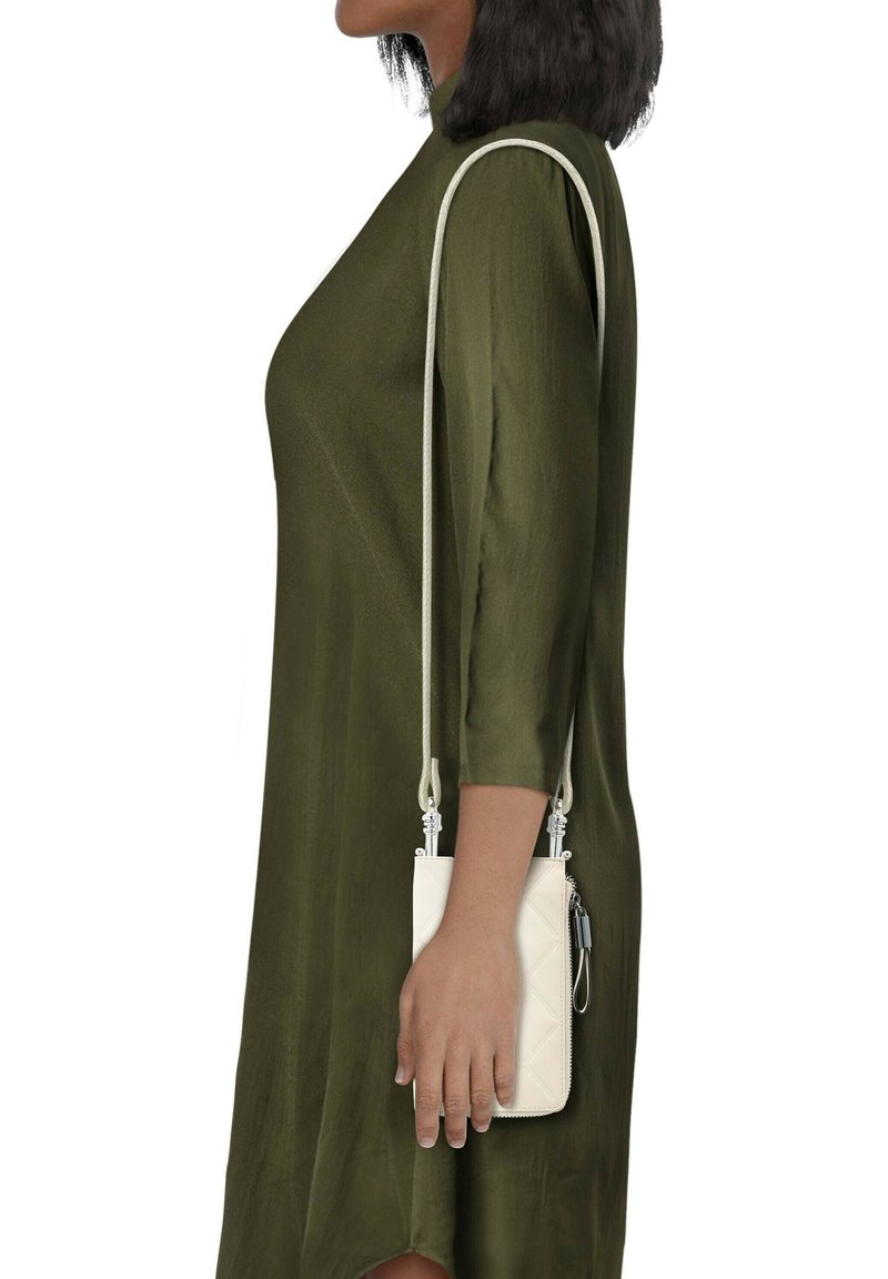 White quilted crossbody bag with a silver zipper and accent, held against a dark olive green dress. The strap is adjustable and textured.