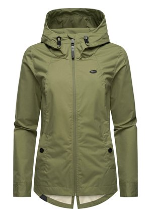 Olive green jacket with a zipper closure and adjustable hood. Features side pockets and a slightly longer back hem for added coverage.