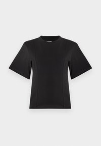 Black short-sleeve T-shirt made from soft fabric. Features a rounded neckline and angled seams for a relaxed fit. Smooth texture with no patterns.