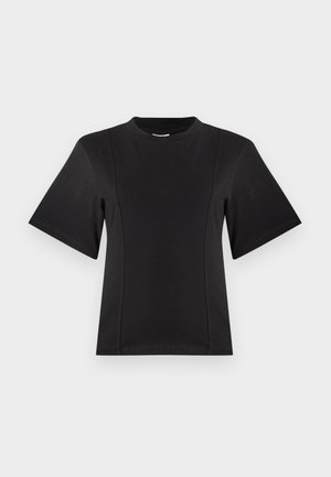 T-shirt negru cu mânecă scurtă, fabricat dintr-un material moale. Are un decolteu rotund și cusături în unghi pentru un fit relaxat. Textura netedă, fără modele.