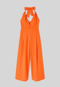 Combinaison orange vif sans manches à col halter, avec jambes larges et nœud noué au cou.