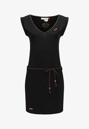 Vestido negro sin mangas con escote en V, cinturón trenzado decorativo con borlas y dos pequeños botones redondos cerca del escote.