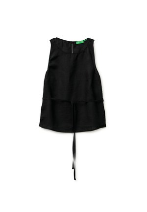 Top negro sin mangas de lino con cuello redondo, cremallera trasera y un lazo largo y fino en la cintura que cuelga por delante.