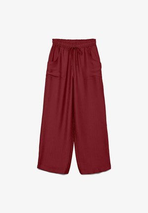 Pantaloni a gamba larga in una ricca tonalità di borgogna, realizzati in tessuto leggero, con vita elastica e cordoncino e due tasche frontali.