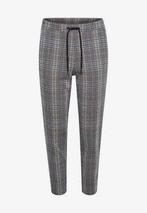 Pantalons à carreaux gris avec une taille à cordon, arborant un mélange de motifs bleus, marron et blancs. Fabriqués en tissu doux et respirant.