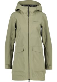 Olivgrön regnjacka med en åtsittande huva, framsida med dragkedja och två stora framfickor. Tillverkad av slätt, vattenavvisande tyg.
