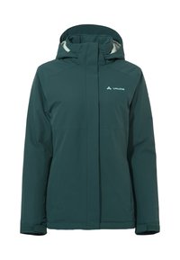 Türkisfarbene wasserdichte Jacke mit hohem Kragen, Reißverschlussfront und Logodetails. Verfügt über elastische Bündchen und einen glatten, strapazierfähigen Stoff.