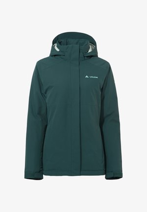 Giacca impermeabile color turchese con colletto alto, chiusura con zip e dettagli con logo. Presenta maniche elastiche e un tessuto liscio e resistente.