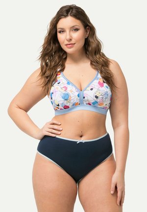 Badmode-set met een bloemenpatroon bralette met lichtblauwe afwerking en hoge marineblauwe broekjes met lichte accenten.