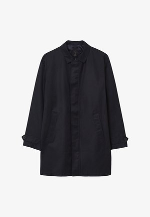 Cappotto blu navy di lunghezza media con colletto, polsini con bottone e tasche laterali; tessuto liscio con silhouette dritta e design minimalista.