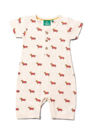 Kurzärmliger Einteiler aus weichem cremfarbenem Stoff, der mit einem Print von kleinen Dackeln in roten Pullovern und drei Holzknöpfen an der Vorderseite versehen ist.