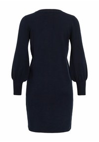 Abito lavorato a maglia blu navy con maniche lunghe e puffate, scollatura rotonda e polsini a coste. Texture liscia e silhouette aderente.