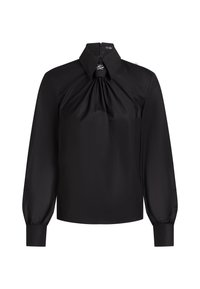 Schwarze Bluse mit strukturiertem Kragen, langen Puffärmel und einem gerafften Frontdetail. Hergestellt aus glattem, leichtem Stoff mit einem Reißverschluss.