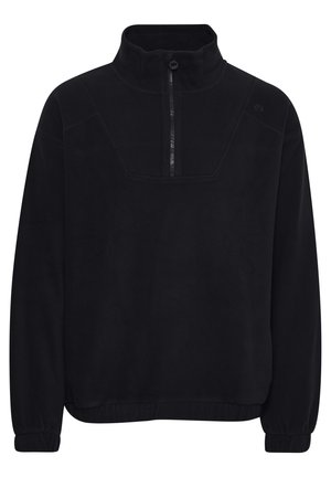 Pulover din fleece negru cu guler înalt și fermoar pe jumătate, prezentând o croială lejeră, mâneci lungi și detalii de cusătură subtile pe piept.