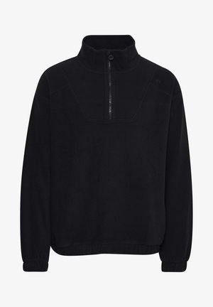 Must musta pullover kõrge kaelusega ja poolsahega, millel on lõdvestunud lõige, pikad varrukad ja peened õmblused rinna piirkonnas.