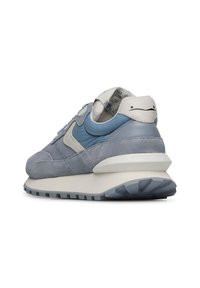 Men's sneakers in light blue suede and leather mix, featuring a white heel accent, textured mesh, and a cushioned gray rubber sole.