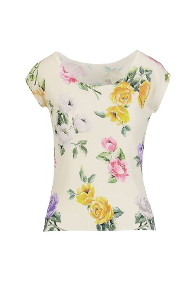 Kurzes Blumen-T-Shirt mit cremefarbenem Hintergrund, verziert mit bunten Rosen in Pink, Gelb und Lila, mit weitem Rundhalsausschnitt und geripptem Saum.