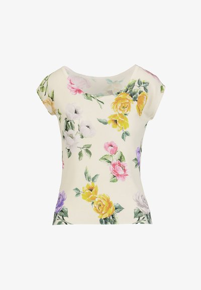 Kurzes Blumen-T-Shirt mit cremefarbenem Hintergrund, verziert mit bunten Rosen in Pink, Gelb und Lila, mit weitem Rundhalsausschnitt und geripptem Saum.