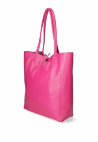 Borsa tote in pelle rosa con texture liscia, manici allungati e design semplice. Nessun hardware visibile; dettagli artigianali nella parte superiore.