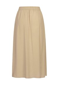 Beige sukňa strednej dĺžky vyrobená z jemnej tkaniny, s elastickým pásom a splývavým strihom s jemnými vertikálnymi plisovanými detailmi.