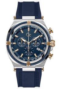 Meeste kronograaf kell sinise silikoonrihmaga, kuldsete aktsentidega ja sinise tõukuriga, millel on kolm aladial ja taksimeetrimõõtmised.