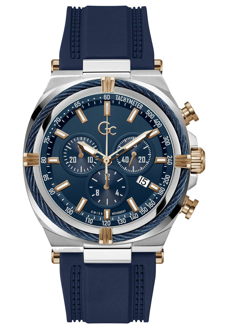 Meeste kronograaf kell sinise silikoonrihmaga, kuldsete aktsentidega ja sinise tõukuriga, millel on kolm aladial ja taksimeetrimõõtmised.