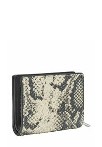 Portfel w stylu skóry węża z fakturowaną powierzchnią w kolorze czarnym i kremowym, o smukłym, prostokątnym kształcie z srebrnym akcentem metalowym.
