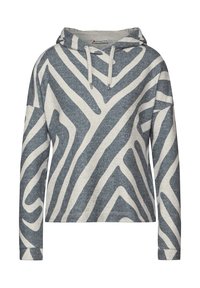 Ljusgrå hoodie med ett blått abstrakt zebra-mönster, dragsnören, en framficka och långa ärmar. Mjuk textur, avslappnad passform.