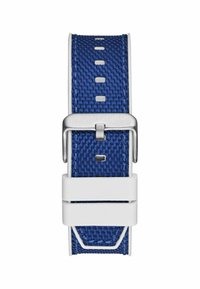 Blauer gewebter Uhrenarmband mit weißen Gummiakzenten und silberner Metallschnalle. Verfügt über gleichmäßig angeordnete Einstelllöcher entlang der gesamten Länge.