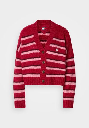 Cardigan a righe rosso e rosa con scollo a V, chiusura a bottoni, polsini e orlo a coste. Realizzato in un materiale a maglia testurizzata. Presenta una toppa con logo.