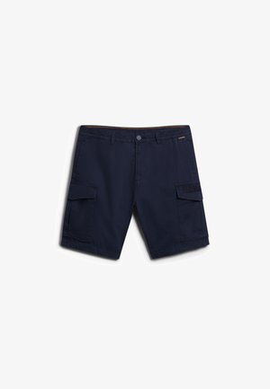 Morskie szorty cargo wykonane z lekkiego materiału, z dwoma bocznymi kieszeniami, zapięciem na guzik oraz kontrastowym detalem w talii.