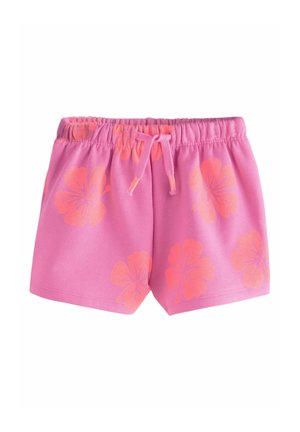 Pantalones cortos con cintura elástica rosa, cordón ajustable y grandes estampados de flores de hibisco naranjas.