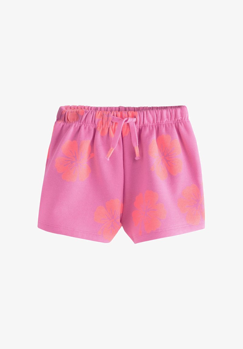 Rózsaszín elasztikus derékpántos rövidnadrág húzózsinórral és nagy narancssárga hibiszkuszvirág mintával.