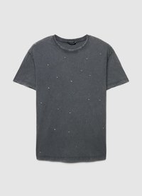 Gray cotton t-shirt with round neckline, short sleeves, and scattered metallic studs. Soft texture, relaxed fit, and straight hem.