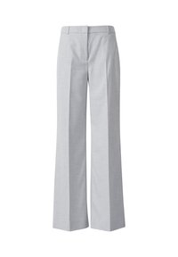 Lichtgrijze wijde broek gemaakt van een gestructureerde stof. Bevat een soepele tailleband en subtiele plooien voor een getailleerde pasvorm.