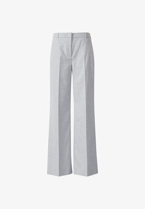 Light grey wide-leg trousers made from a textured fabric. Features a smooth waistband and subtle pleats for a tailored fit.