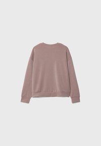 Rosa Sweatshirt mit Rundhalsausschnitt, überschnittenen Schultern, gerippten Bündchen und Saum sowie glatter Textur. Rückansicht, ohne sichtbare Logos oder Muster.