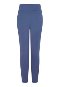 Kék leggings rugalmas anyagból, magas derékbetéttel. A dizájn letisztult, látható varratok vagy zsebek nélkül.
